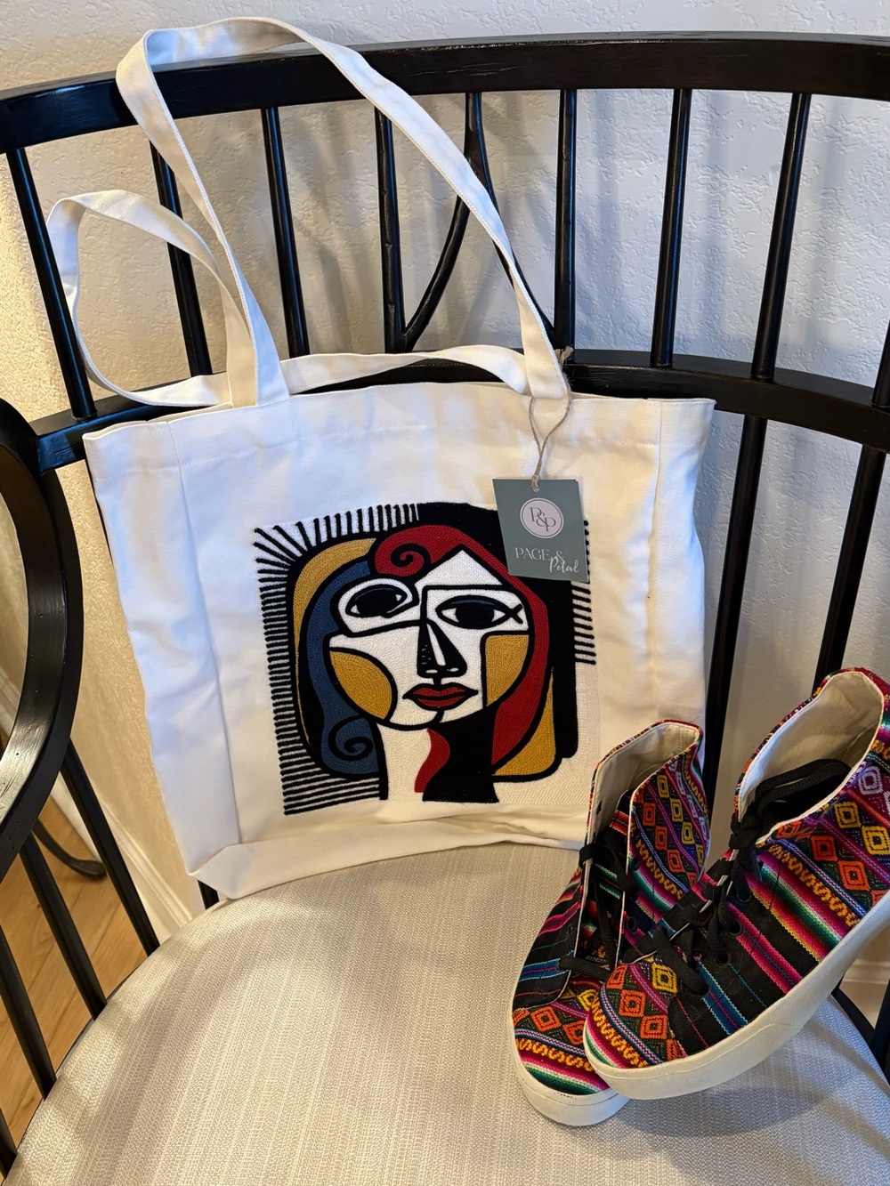 Page & Pearl White Canvas Tote with Colorful Abstract Face Design NWT